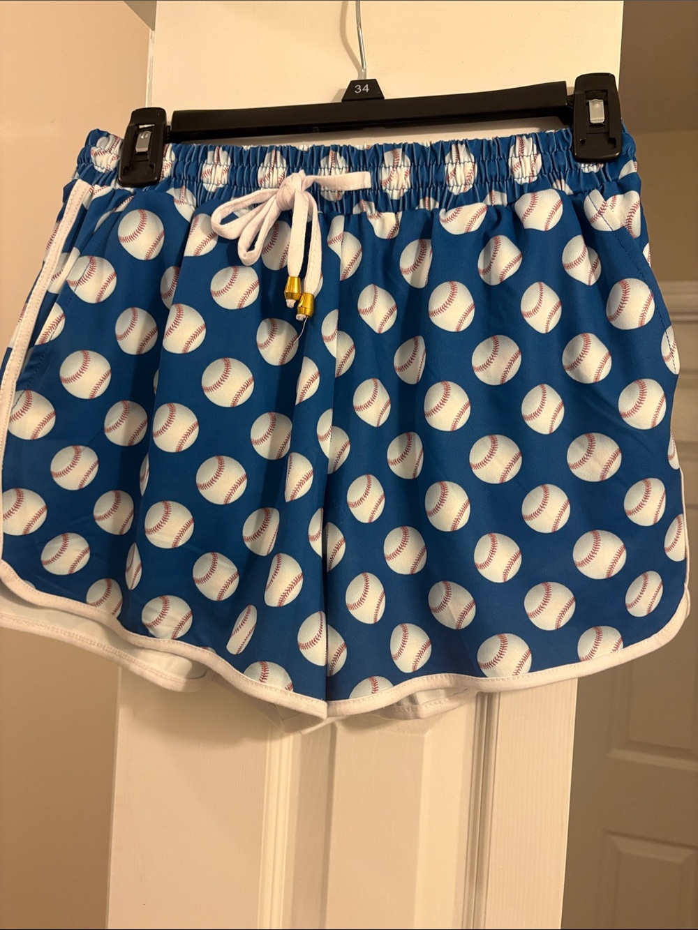 Women’s Blue Baseball-Print Athletic Shorts with White Trim